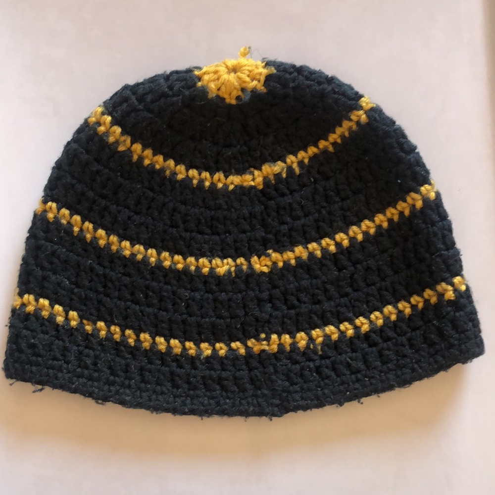 Black Hand-woven Knit Hat, Beanie w, Yellow Stripes